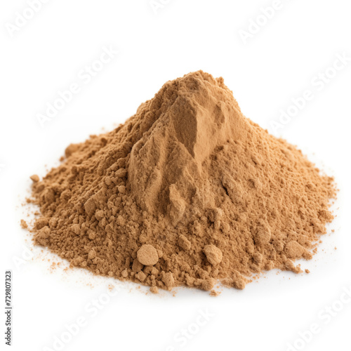 close up pile of finely dry organic fresh raw burdock root powder isolated on white background. bright colored heaps of herbal, spice or seasoning recipes clipping path. selective focus photo