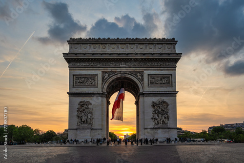 Paris France, city skyline sunset at Arc de Triomphe and Champs Elysees © Noppasinw