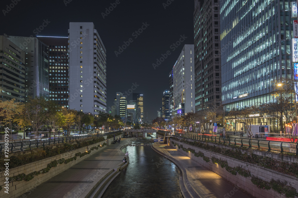 Seoul South Korea, city skyline night at Cheonggyecheon Stream