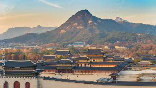 Seoul South Korea, city skyline at Gyeongbokgung Palace and mountain in autumn