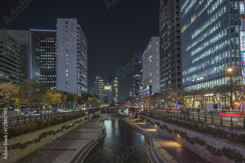 Obraz na płótnie Seoul South Korea, city skyline night at Cheonggyecheon Stream w salonie