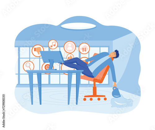 Information overload concept. Young man falls from a chair under the pressure of information from a laptop.  flat vector modern illustration 