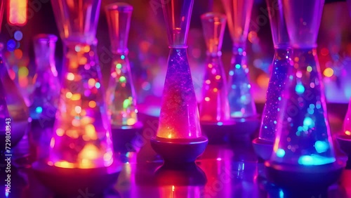 A slowmotion clip capturing the fluid movements of soundactivated lava lamps illuminating the room with swirling colors that match the musics tempo. photo