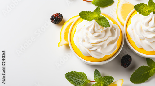 Lemon curd with creamcheese whipped cream topping, decorated with mint leaves and fresh berries, close-up on a white table, copy space photo