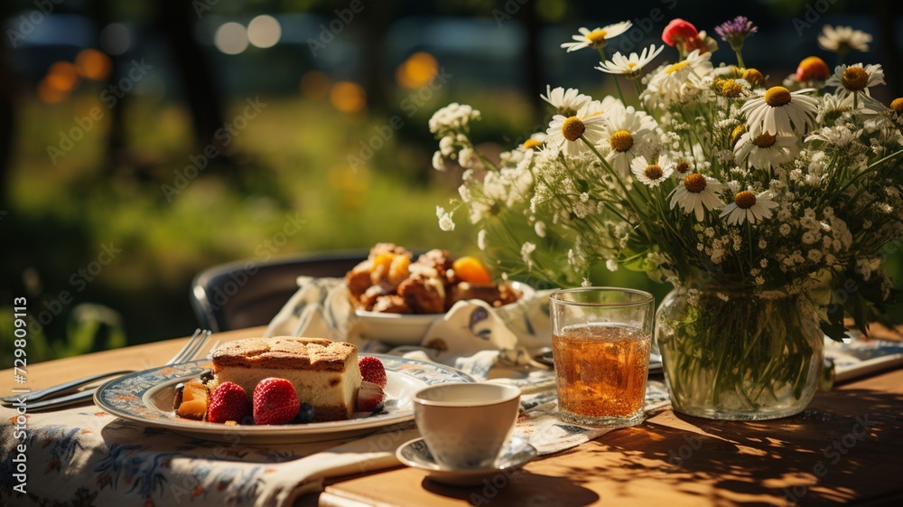 Fototapeta premium A picnic in a sunlit meadow surrounded by wildflowers, offering a perfect setting for friends and family to enjoy the leisurely days of summer.