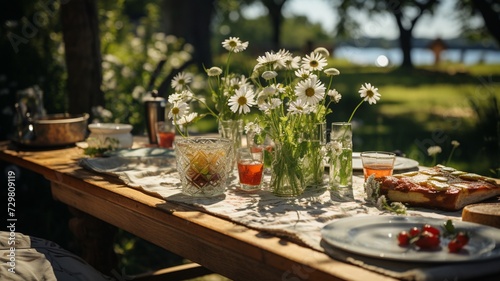 A picnic in a sunlit meadow surrounded by wildflowers, offering a perfect setting for friends and family to enjoy the leisurely days of summer.