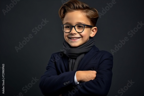 Portrait of a cute little boy in glasses and a blue jacket. Studio shot.