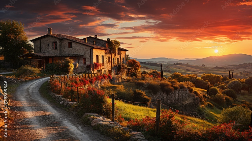 A picturesque countryside at sunset, with the sky ablaze in hues of orange and pink, casting a warm glow over rolling hills and a tranquil village below