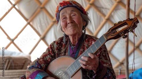 An elderly woman from Central Asia, with a content expression and a traditional instrument, is playing music in a yurt in Kyrgyzstan