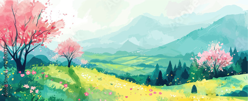 Rural spring landscape with a river and green meadows. Vector watercolor illustration. © Alice