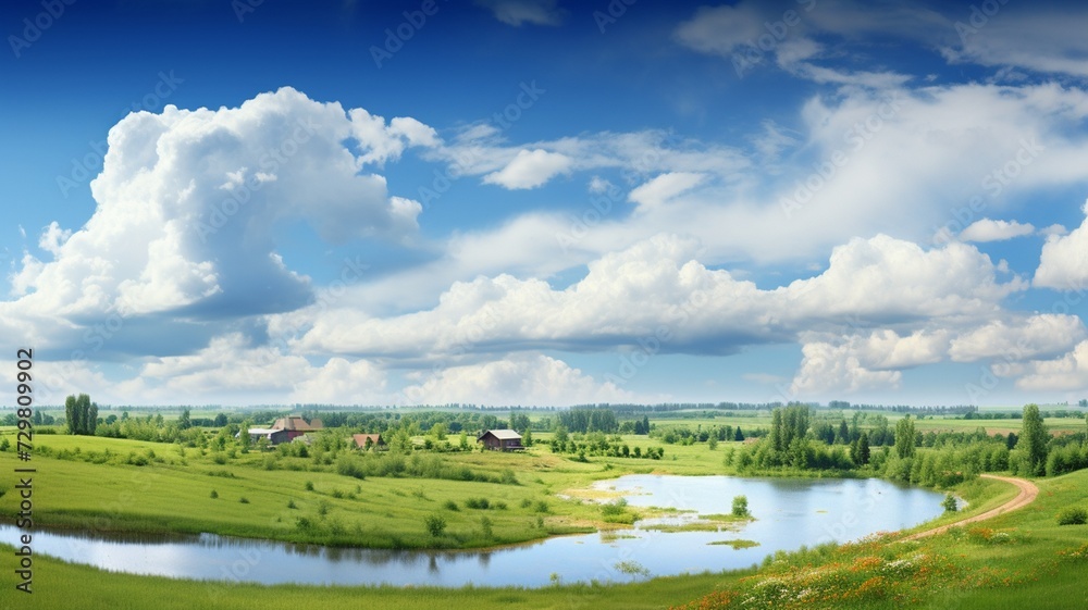 A picturesque Russia summer panorama, highlighting lush green fields, a vibrant blue sky, and fluffy white clouds, capturing the essence of a peaceful and idyllic countryside
