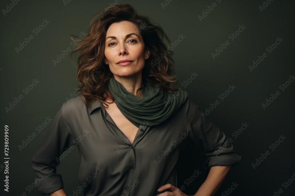 Portrait of a beautiful woman in a grey blouse and scarf