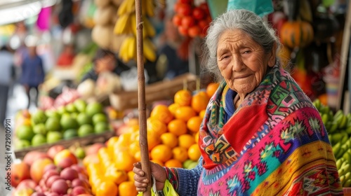 An elderly woman from South America, with a colorful shawl and a walking stick, is selling fruits in a market in Bogota, Colombia photo