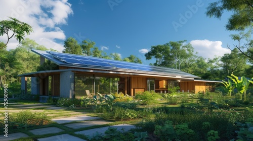 Modern Eco-Friendly Home with Solar Panels and Greenery.