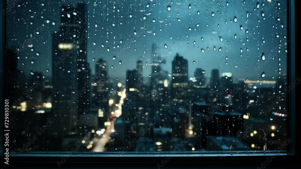 window with drops of night rain in a city. City view through a window on a rainy night with rain drops and bokeh light. seamless looping overlay 4k virtual video animation background 