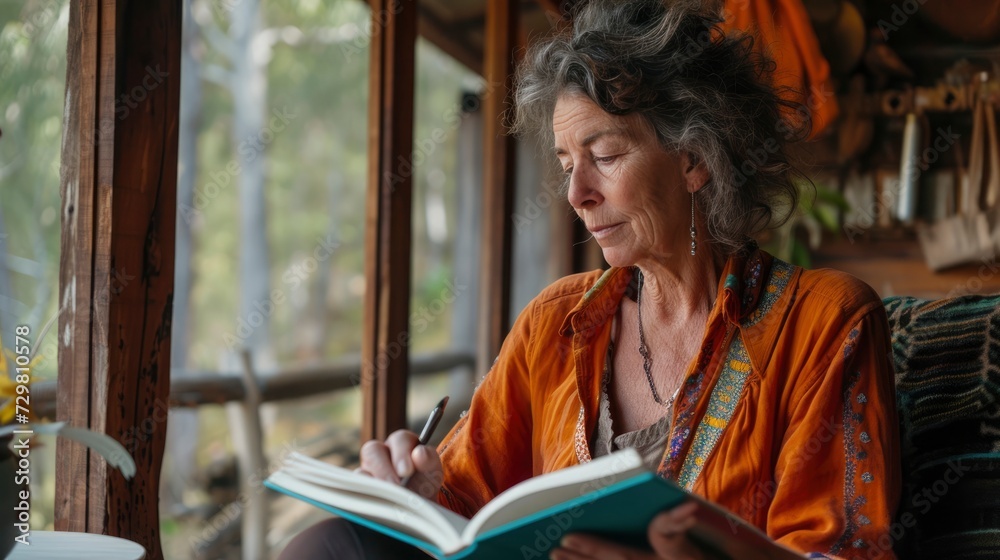 A middle-aged woman from Oceania, with a thoughtful expression and a novel, is writing a book in a cabin in the woods in Tasmania, Australia