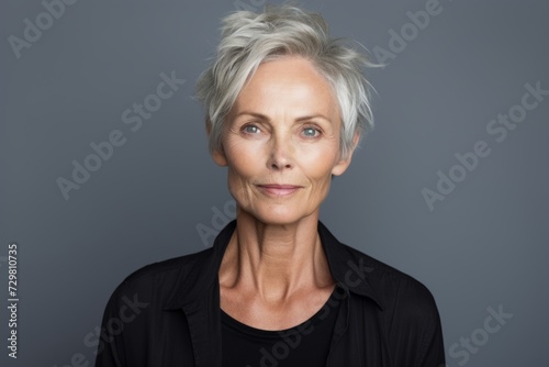 Portrait of a senior woman looking at camera against grey background.