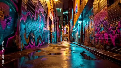 A visual feast for the eyes with bright neon graffiti adorning every inch of the alleyway. photo