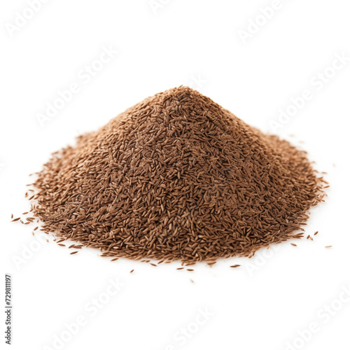close up pile of finely dry organic fresh raw caraway seed powder isolated on white background. bright colored heaps of herbal, spice or seasoning recipes clipping path. selective focus photo