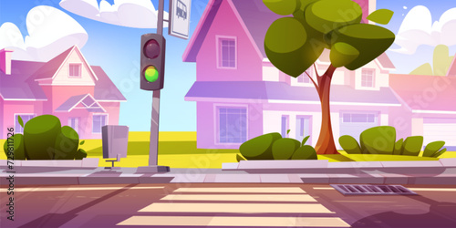 Suburban landscape with sidewalk, cross zebra on road, traffic light for safety, private houses on street and green trees and grass. Cartoon summer suburb city scenery with side view on pedestrian.