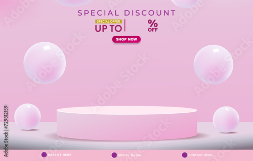 discount sale template banner with copy space 3d podium for product sale with abstract gradient pink and white background design