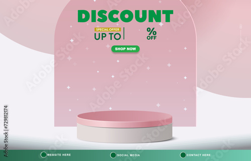 discount sale template banner with copy space 3d podium for product sale with abstract gradient pink background design