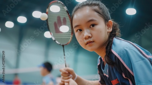 A teenage girl from Southeast Asia, with a focused expression and a badminton racket, is playing in a tournament in Jakarta, Indonesia