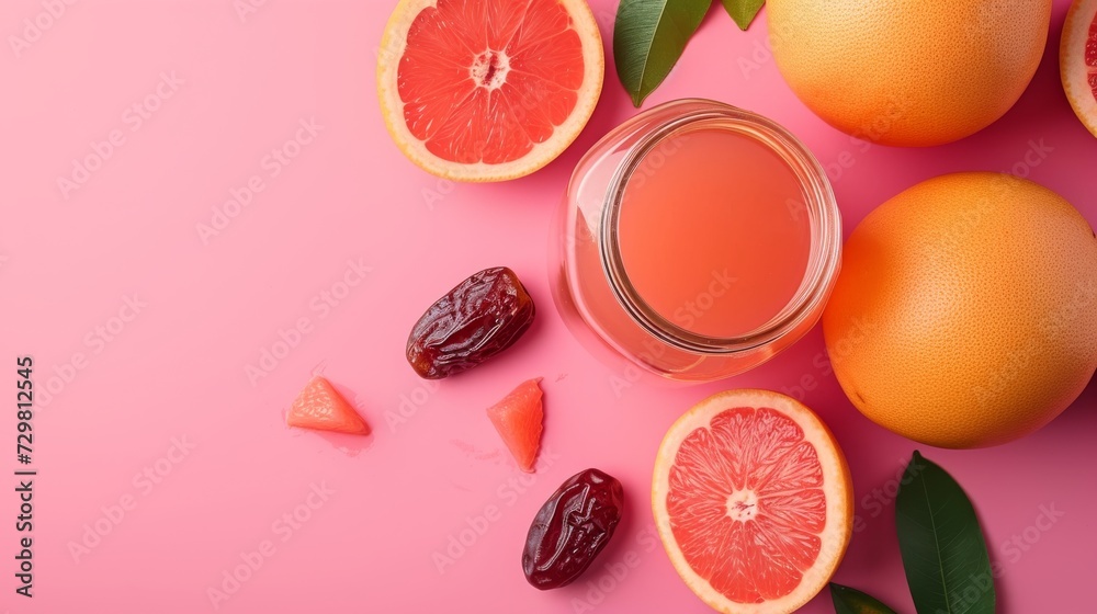 refreshing scene of grapefruit slices and a glass of juice on a pink background refreshing scene of grapefruit slices and a glass of juice on a pink background