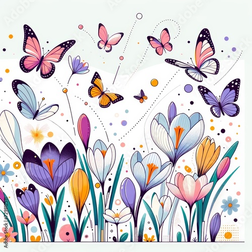 Playful Crocuses and Butterflies Scene Illustration 