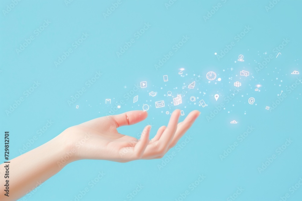 female hand touching smart device with computer icons female hand touching smart device with computer icons