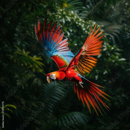 Hybrid parrots in forest. Macaw parrot fly