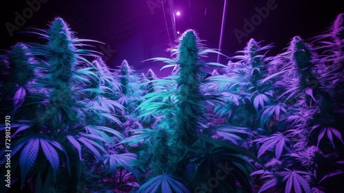 A marijuana plantation on a purple neon light in the basement.