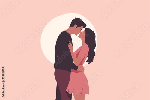 Minimalist charming cute couple looking in love at each other, hugging and kissing. Valentine vibes.