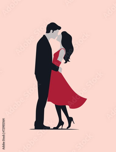 Minimalist charming cute couple looking in love at each other, hugging and kissing. Valentine vibes.