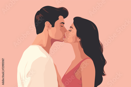 Minimalist charming cute couple looking in love at each other, hugging and kissing. Valentine vibes.