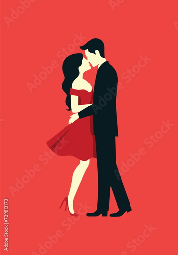 Minimalist charming cute couple looking in love at each other, hugging and kissing. Valentine vibes.