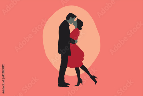 Minimalist charming cute couple looking in love at each other, hugging and kissing. Valentine vibes.