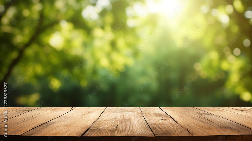 Empty wood table with green nature blur background