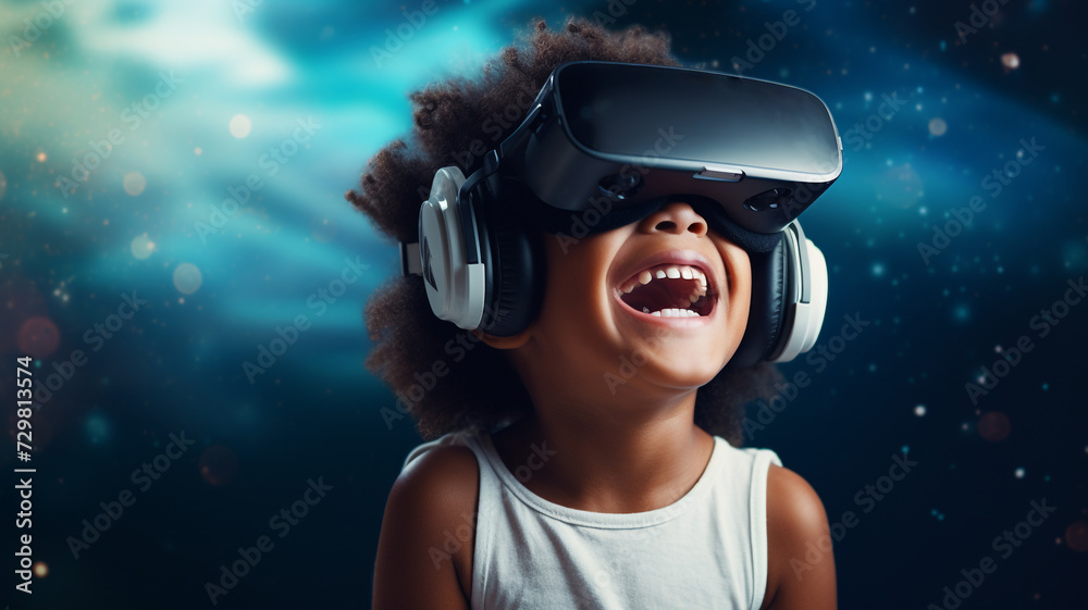 Excited child wearing VR headset with a smile Excited child wearing VR headset with a smile