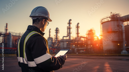 engineers holding tablet checking in the oil refinery