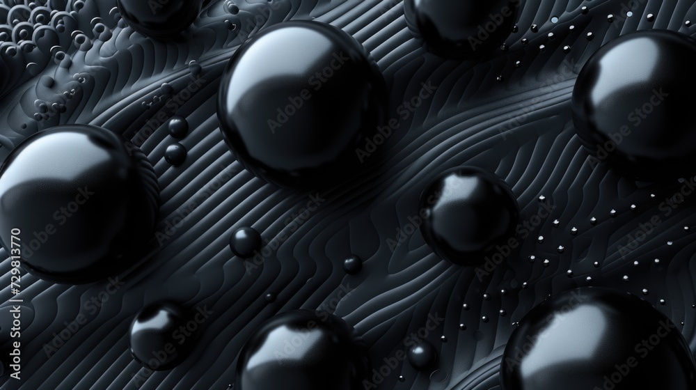 Glossy black spheres scattered on a dynamic blue wavy surface with subtle light accents. Glossy black spheres scattered on a dynamic blue wavy surface with subtle light accents.