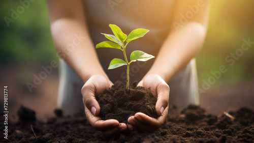 Female hand holding growing seedlings on nature background