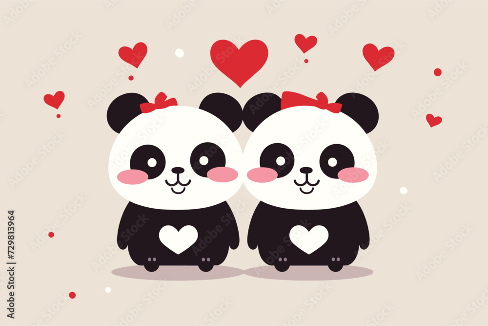 valentines day cute panda couple vector illustration