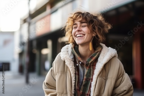 Portrait of a young woman laughing on a city street in winter