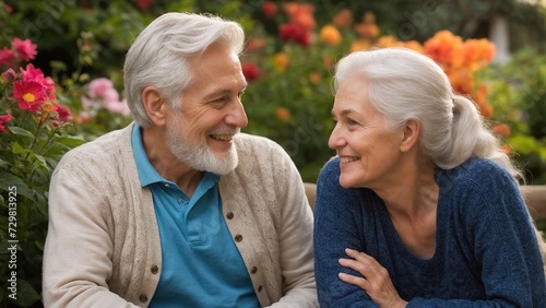 Elderly couple smiling together in the park, enjoying their retirement and the simple joys of life