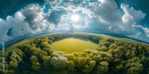 Verdant forest surrounding a calm lake under sunny skies. panoramic nature landscape. aerial view. environmental concept. AI