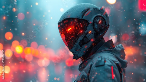 Futuristic Cybernetic Soldier in Rain with Glowing Red Visor.