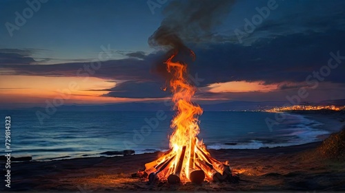 Bonfire on the beach in the evening. Beautiful sunset over the sea. traveling and enjoyment concept.
