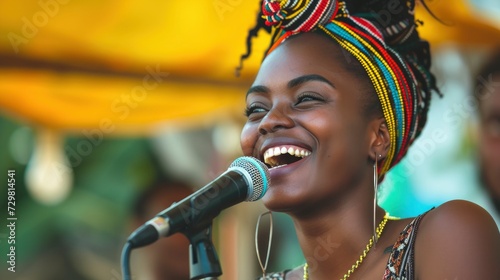 A young woman from the Caribbean, with a joyful expression and a microphone, is singing at a music festival in Kingston, Jamaica photo