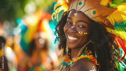 A young woman from the Caribbean, with a joyful expression and a carnival costume, is dancing in a parade in Port of Spain, Trinidad and Tobago